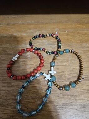 Handmade Multi-Color Beaded Cross Bracelet Set - Red, Teal, Green, Gold